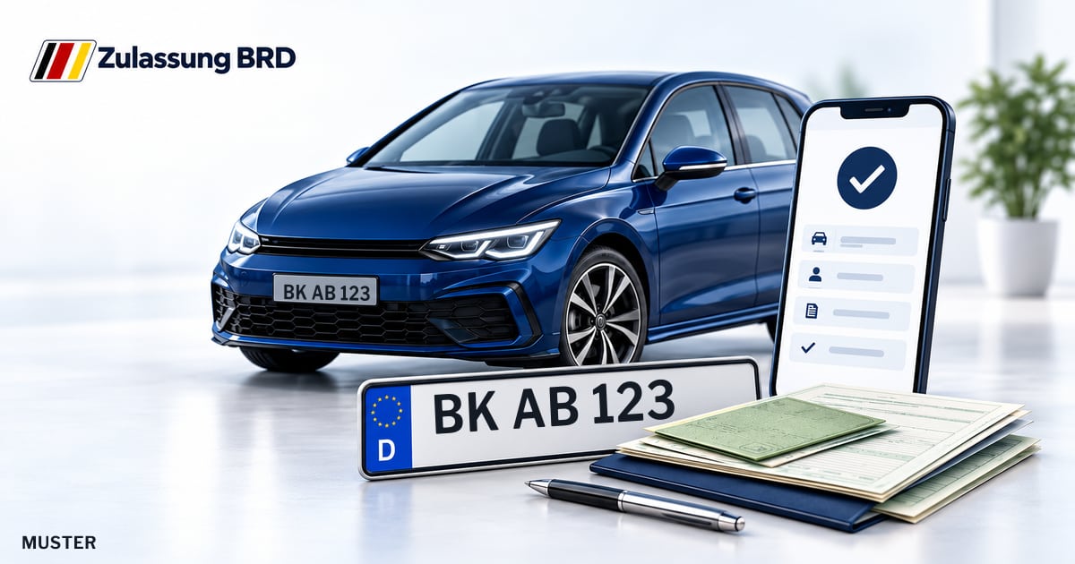 Online Fahrzeugzulassung in Wolmirstedt: Musterkennzeichen BK AB 123, Auto und Fahrzeugpapiere und Smartphone. Illustration mit Logo von Zulassung BRD.